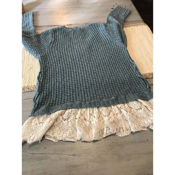 Knox Rose Blue Open Knit Lace Trim Long Sleeve Pullover Sweater Sz XL - Picture 7 of 7